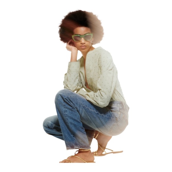 Zara Women Size M Blouse  V Neck Embroidered Long Sleeve Shirt Light Green olive - Picture 5 of 13